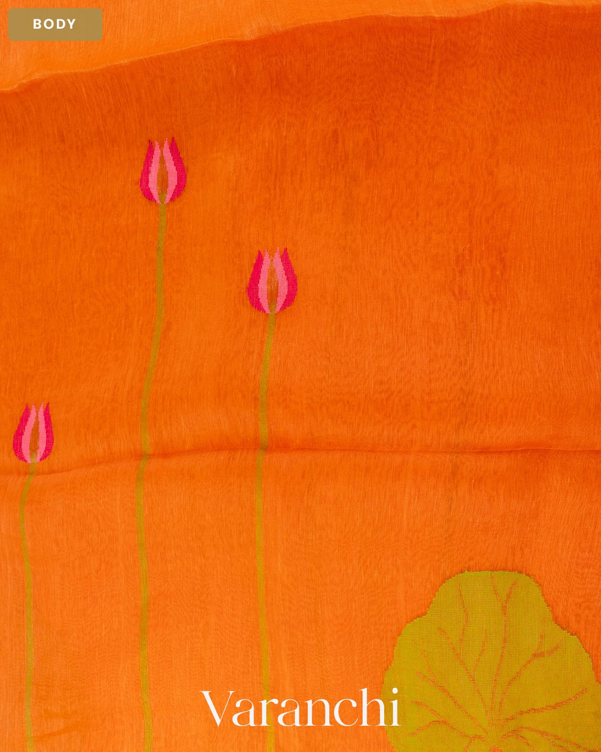 Bright Orange Lotus Jamdani Pure Silk Linen Handloom Saree — Body