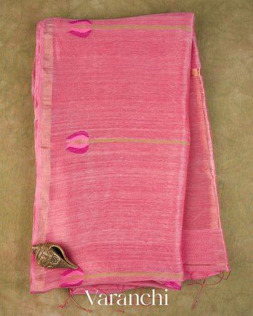 Rose Pink Lotus Jamdani Pure Silk Linen Handloom Saree — Full Saree