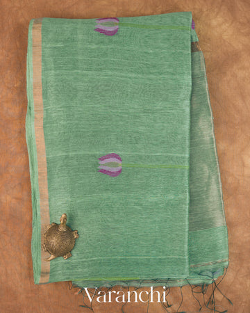 Sea Blue Lotus Jamdani Pure Silk Linen Handloom Saree — Full Saree
