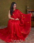 Tulip Red Jamdani Pure Mulberry Silk Handloom Saree — Draped