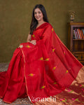 Tulip Red Jamdani Pure Mulberry Silk Handloom Saree — Draped