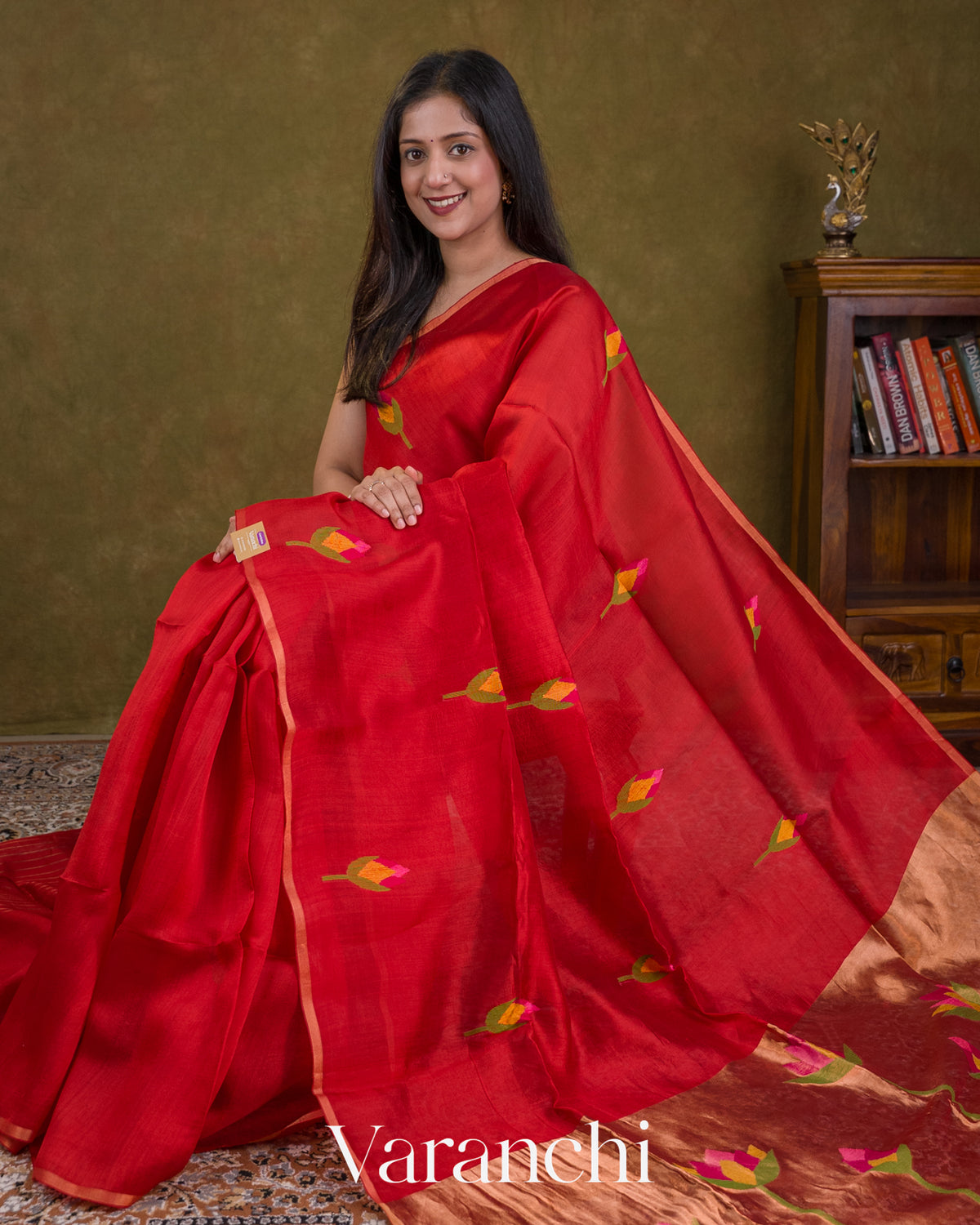 Tulip Red Jamdani Pure Mulberry Silk Handloom Saree — Draped