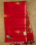 Tulip Red Jamdani Pure Mulberry Silk Handloom Saree — Folded