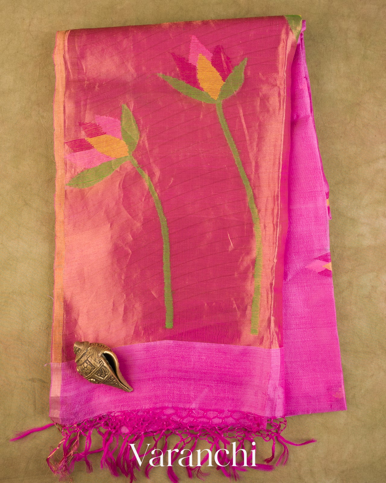 Rose Pink Jamdani Pure Mulberry Silk Handloom Saree — Full Saree