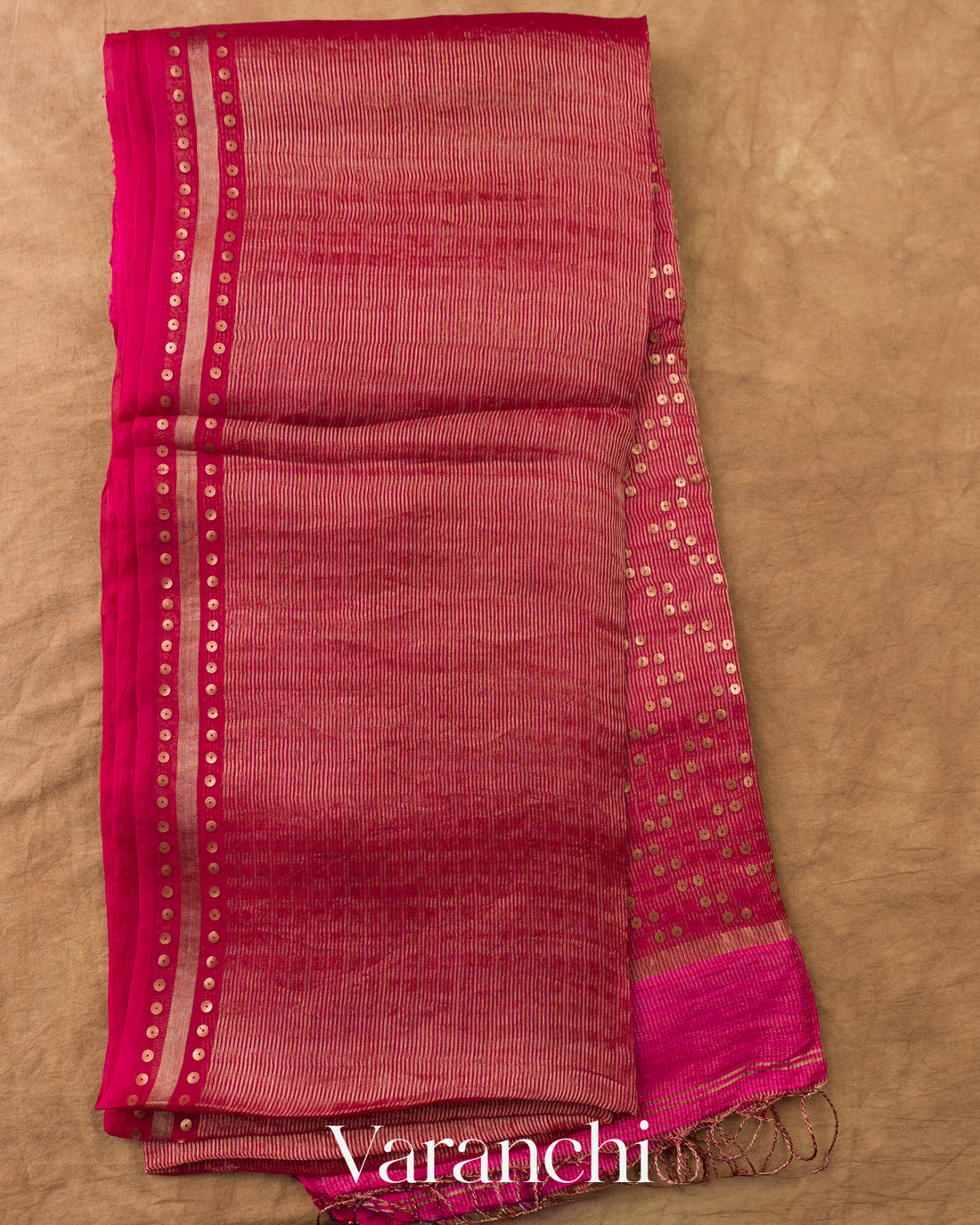 Rani Pink with Sequin Embroidery Pure Muslin Silk Handloom Saree — Full Saree