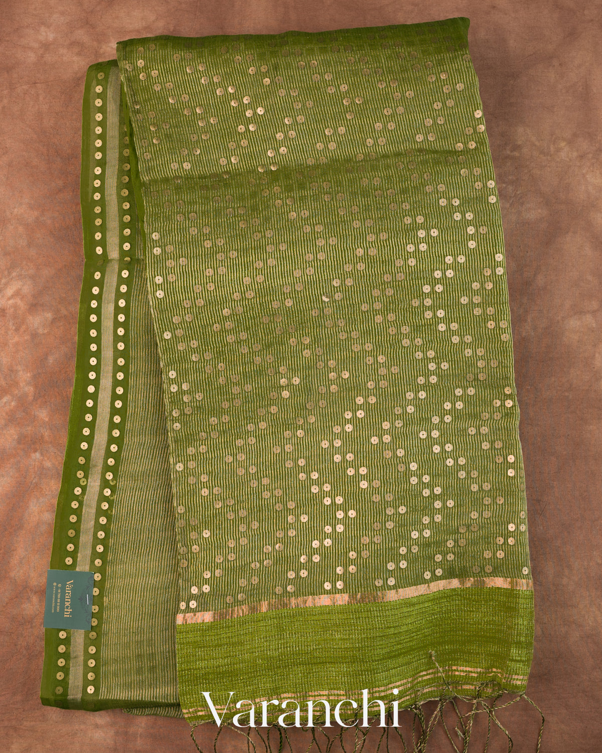 Leafy Green with Sequin Embroidery Pure Muslin Silk Handloom Saree — Full Saree