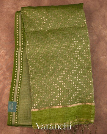 Leafy Green with Sequin Embroidery Pure Muslin Silk Handloom Saree — Full Saree