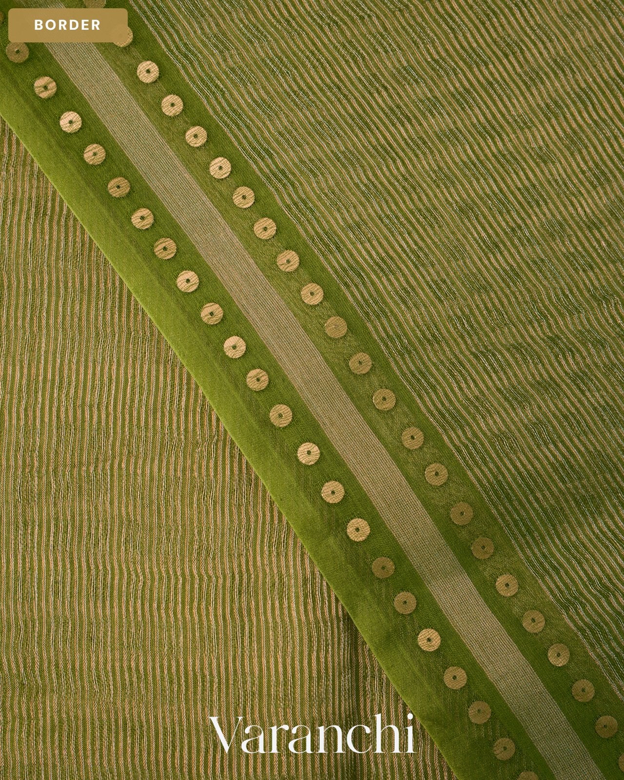 Leafy Green with Sequin Embroidery Pure Muslin Silk Handloom Saree — Border