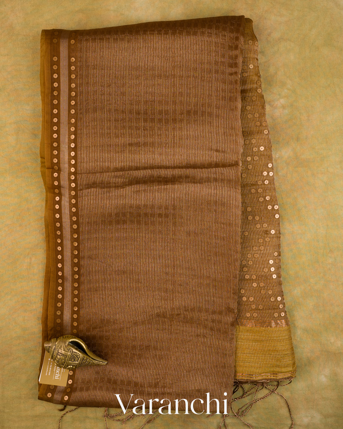 Cocoa Brown with Sequin Embroidery Pure Muslin Silk Handloom Saree — Full Saree