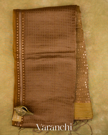 Cocoa Brown with Sequin Embroidery Pure Muslin Silk Handloom Saree — Full Saree
