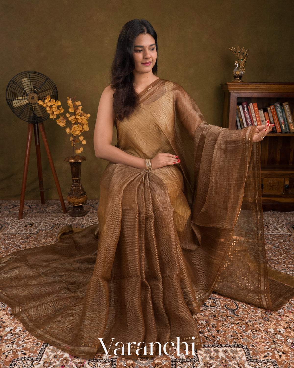 Cocoa Brown with Sequin Embroidery Pure Muslin Silk Handloom Saree — Draped