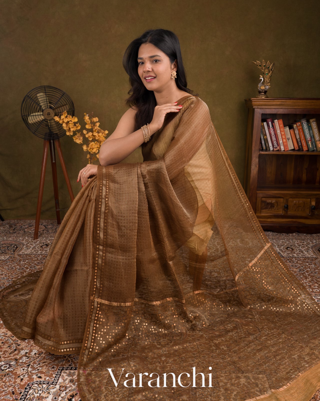 Cocoa Brown with Sequin Embroidery Pure Muslin Silk Handloom Saree — Draped