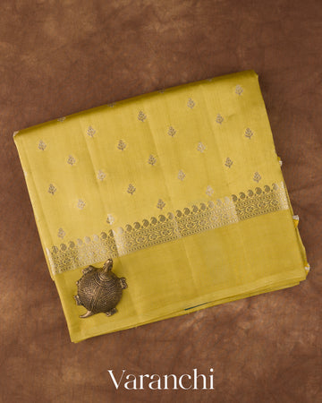 Olive Yellow Pure Dupion Silk Saree — Folded