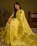 Olive Yellow Pure Dupion Silk Saree — Draped