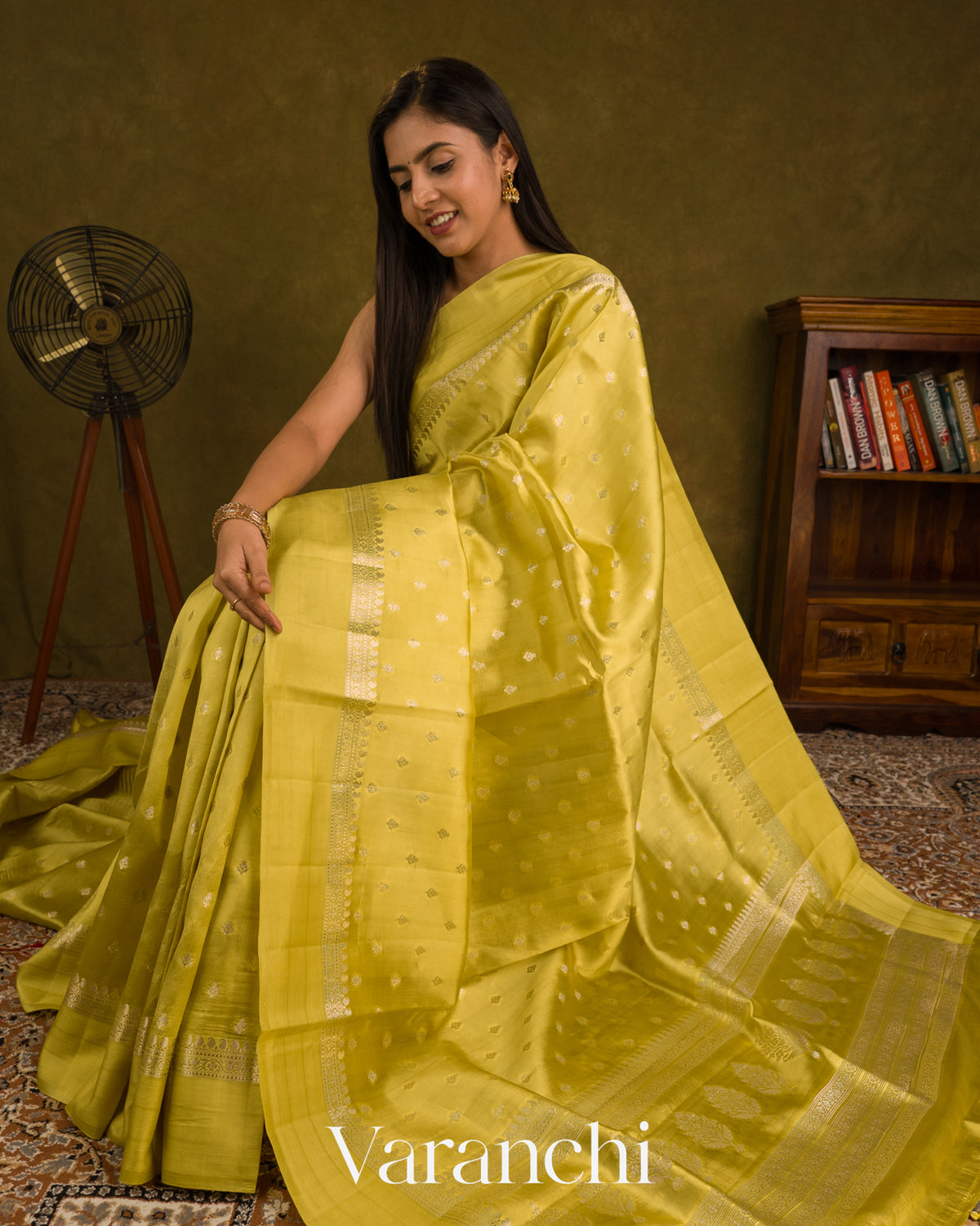 Olive Yellow Pure Dupion Silk Saree — Draped