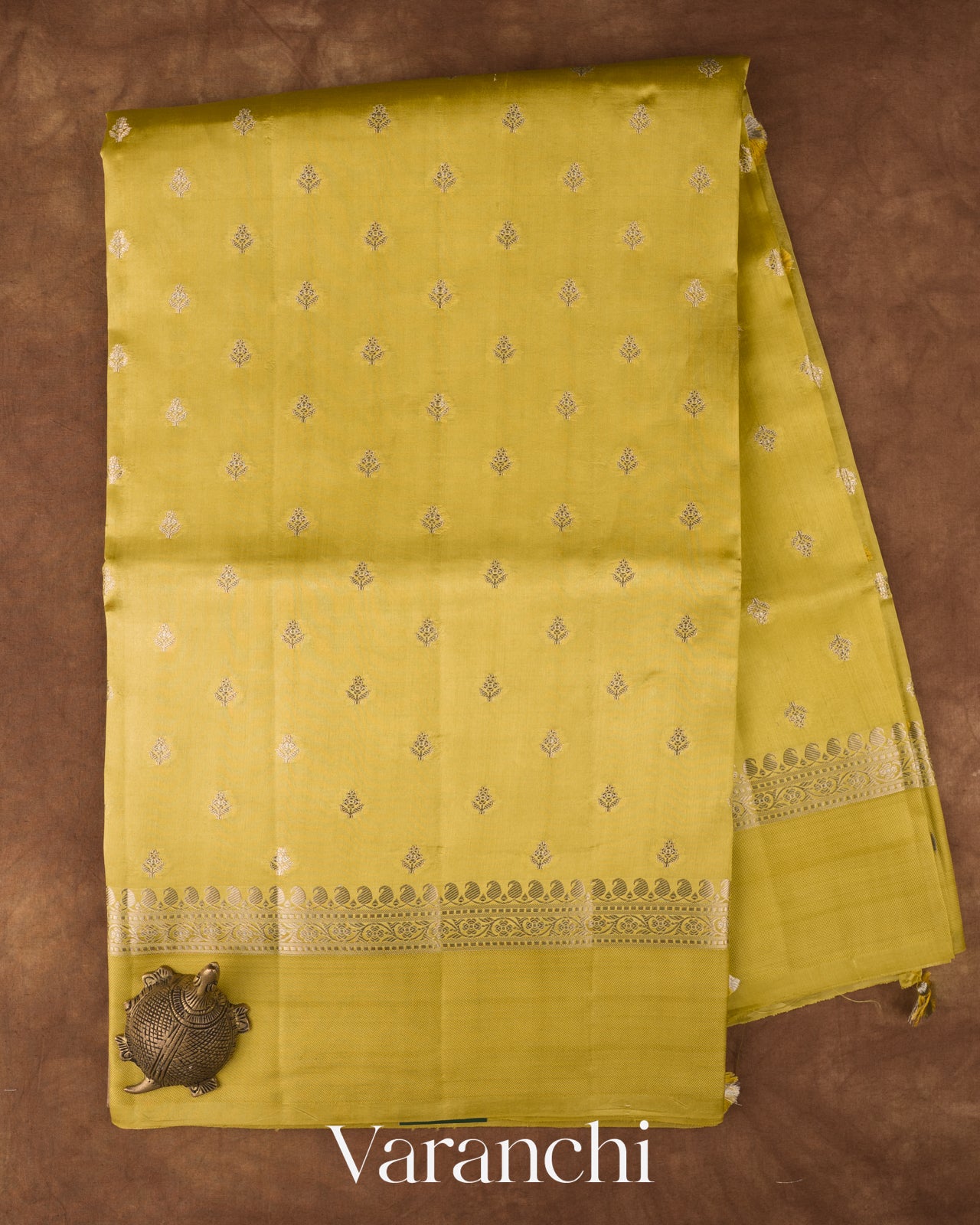 Olive Yellow Pure Dupion Silk Saree — Full Saree