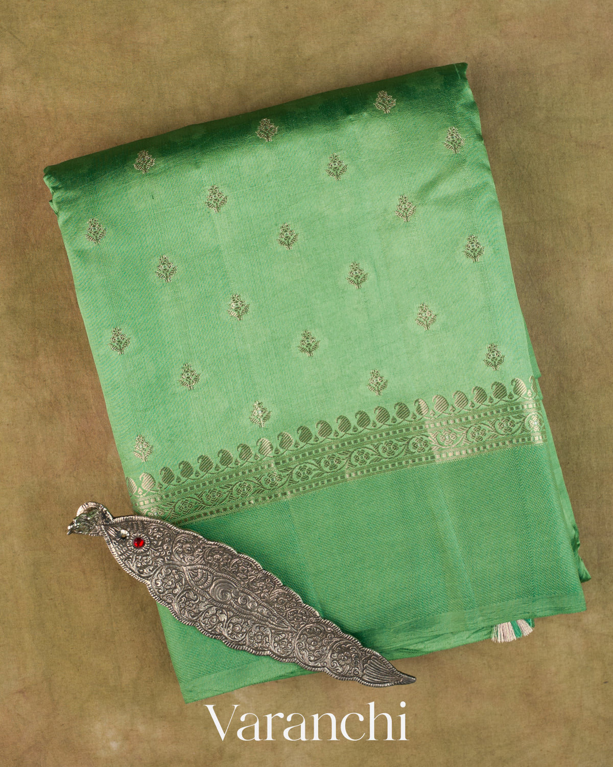Turquoise Green Pure Dupion Silk Saree — Folded