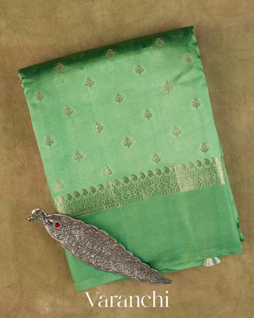 Turquoise Green Pure Dupion Silk Saree — Folded