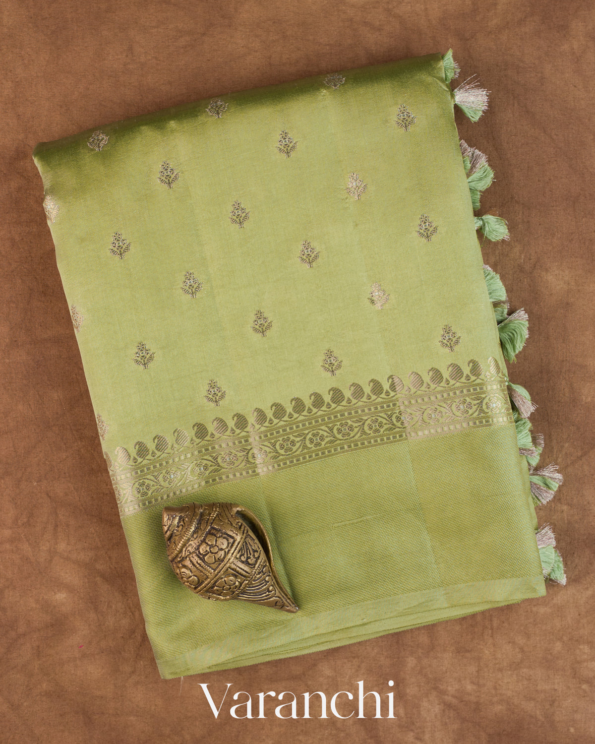 Olive Green Pure Dupion Silk Saree — Folded