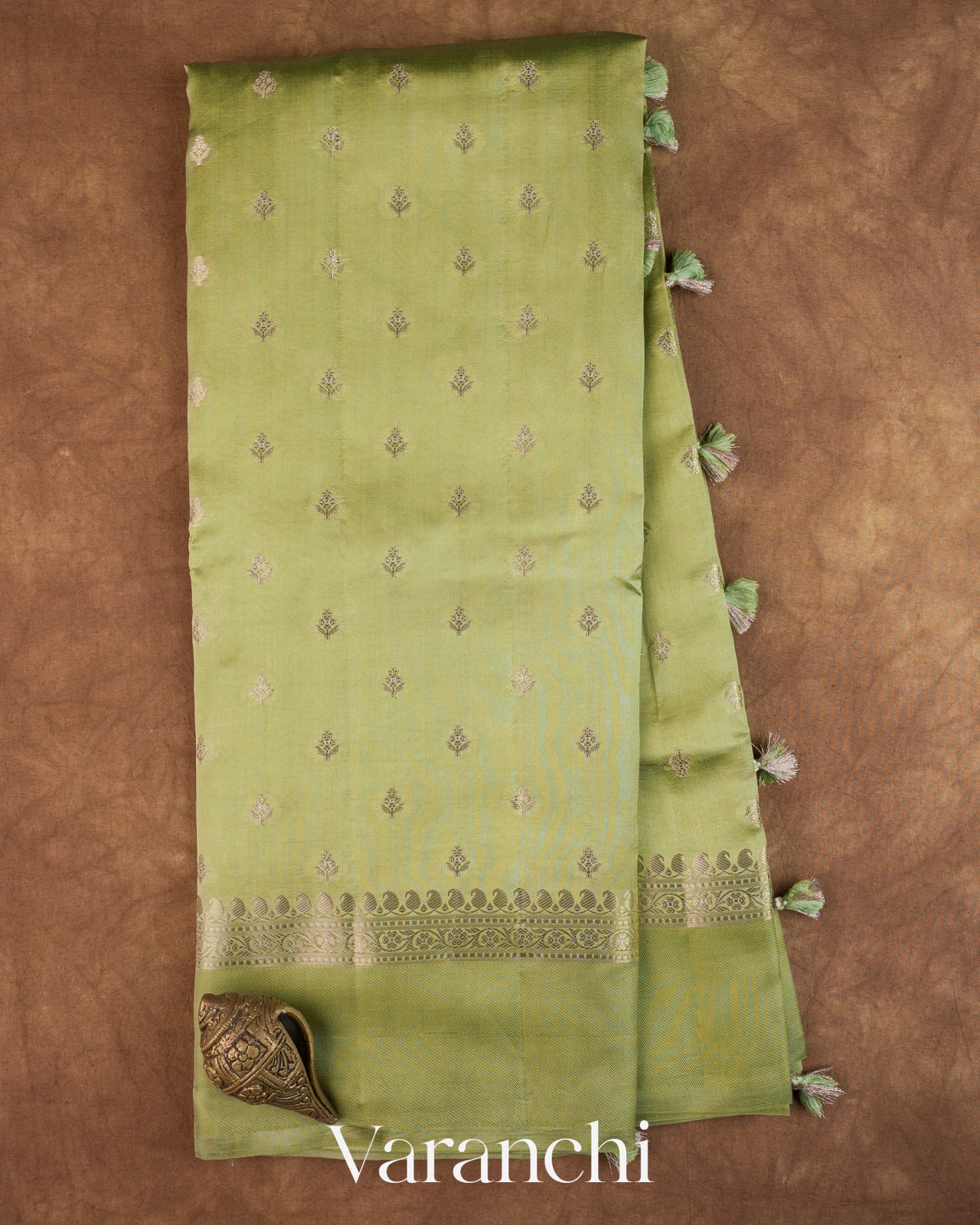 Olive Green Pure Dupion Silk Saree — Full Saree