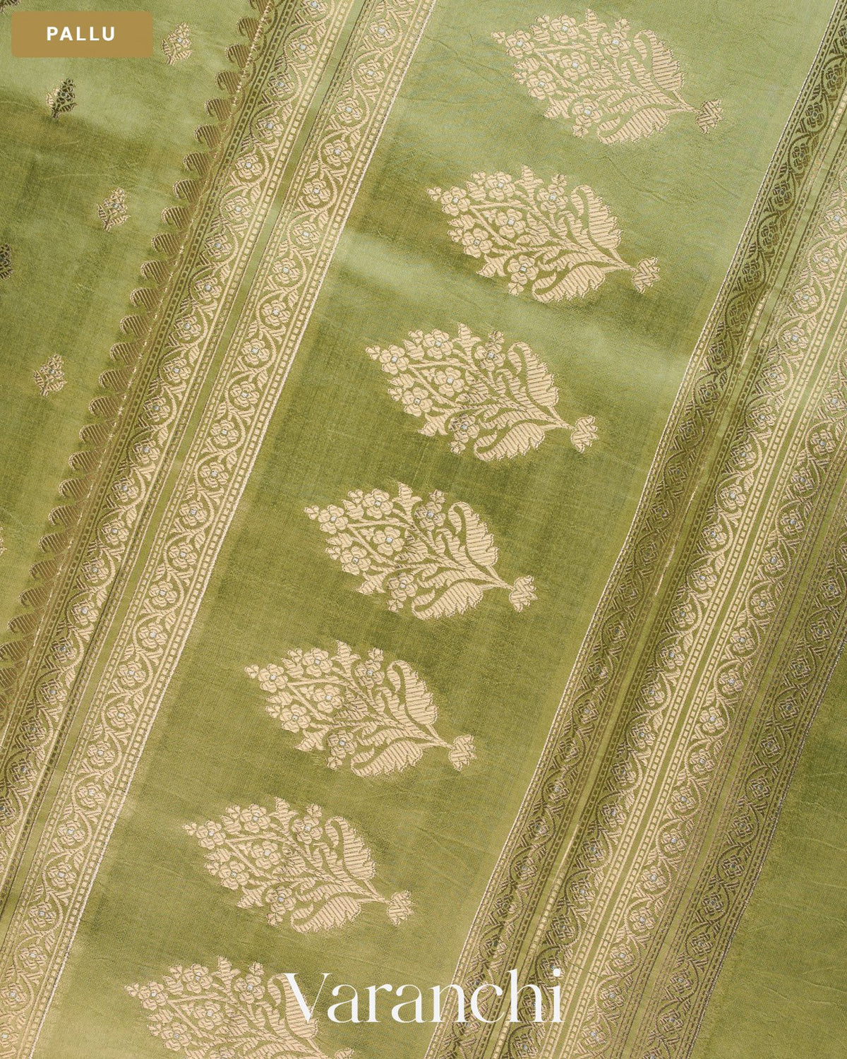 Olive Green Pure Dupion Silk Saree — Pallu