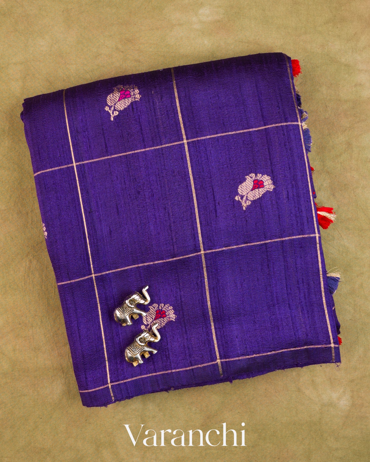 Royal Blue Checkered Pure Raw Silk Handloom Saree — Folded