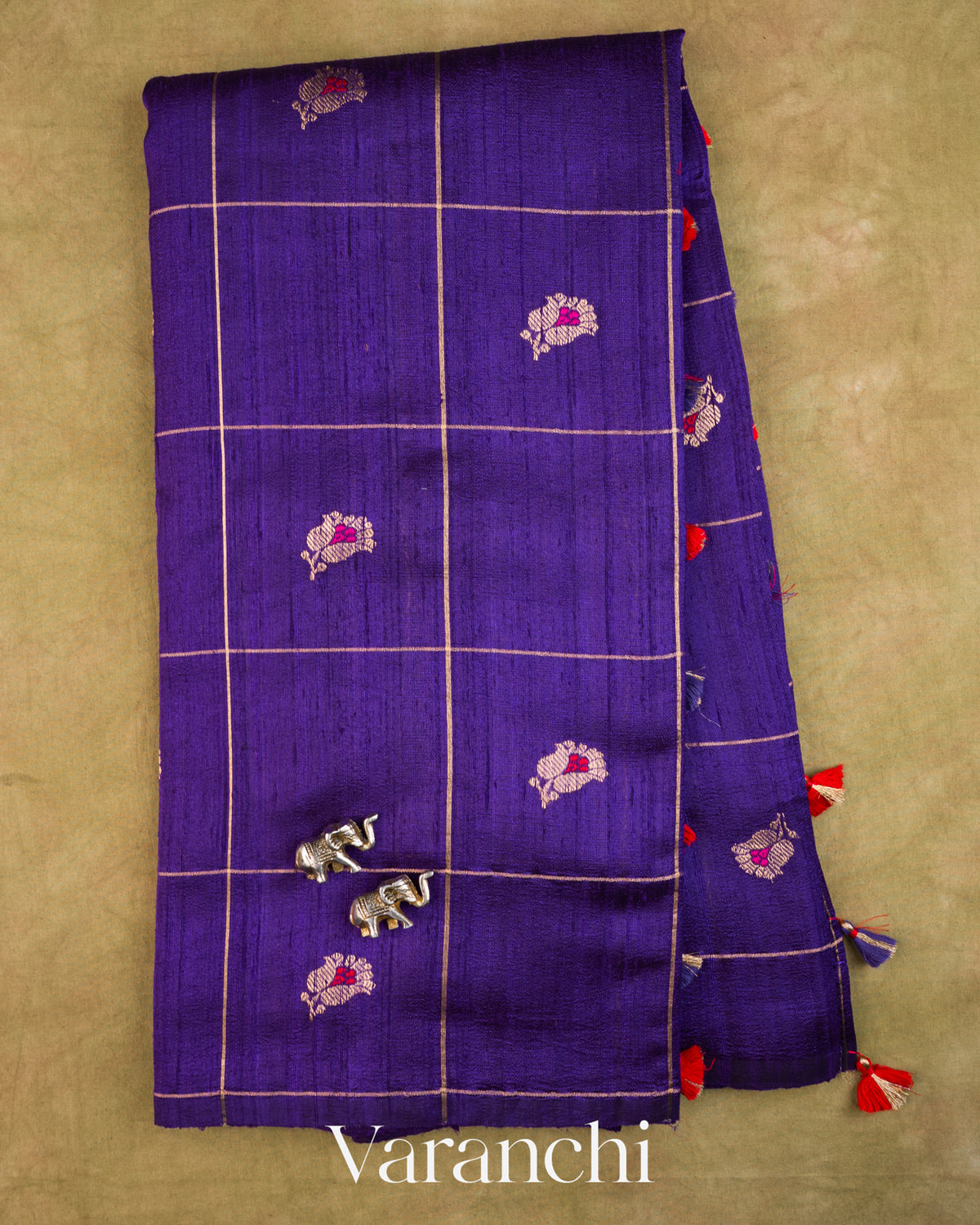 Royal Blue Checkered Pure Raw Silk Handloom Saree — Full Saree