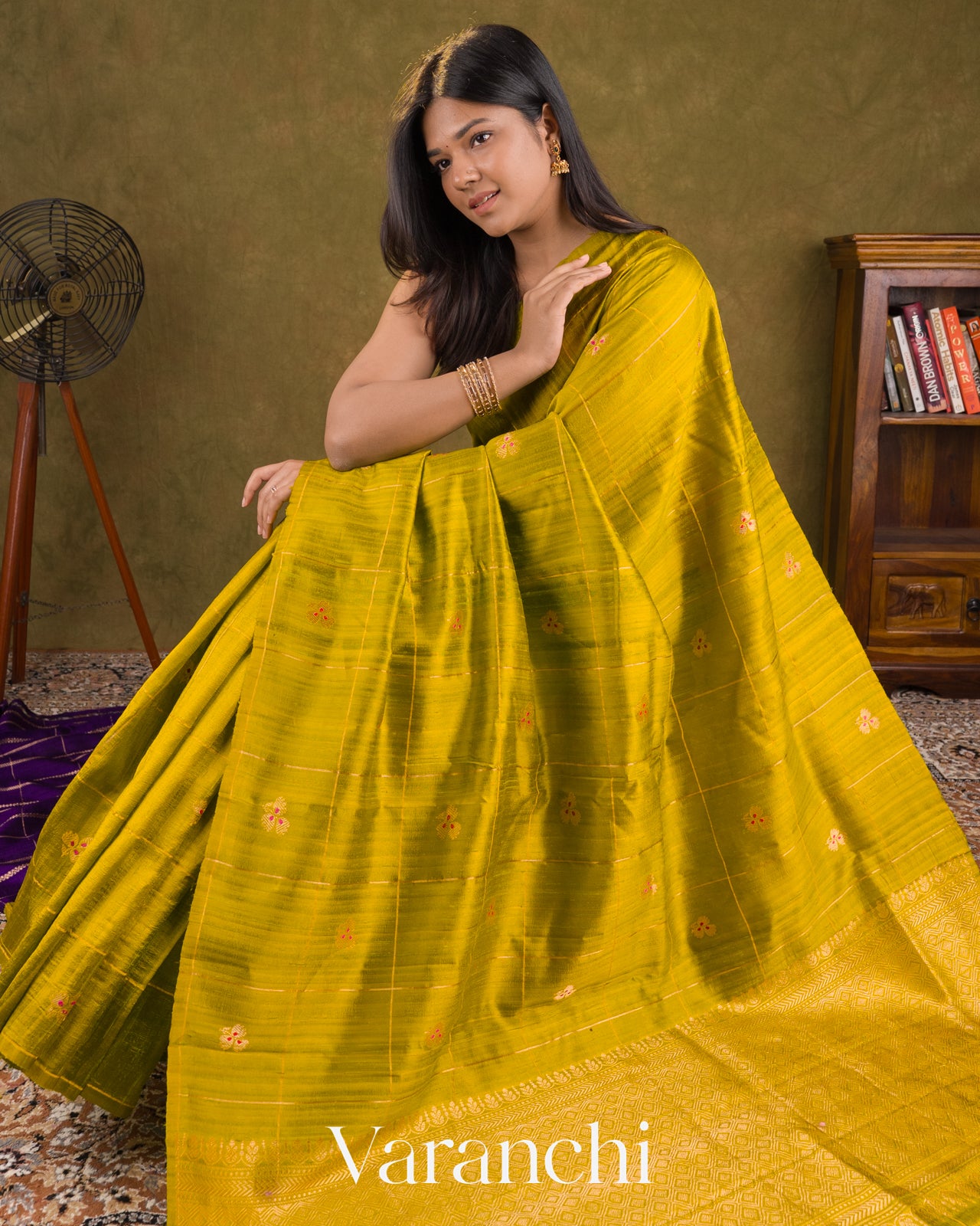 Light Mehandi Green Checks Pure Raw Silk Handloom Saree — Draped