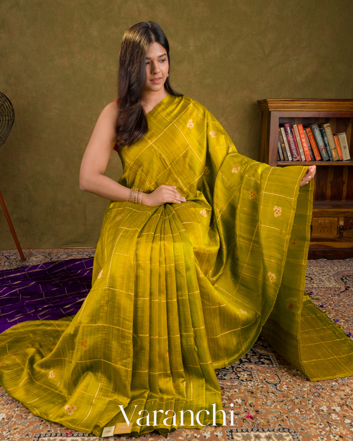 Light Mehandi Green Checks Pure Raw Silk Handloom Saree — Draped