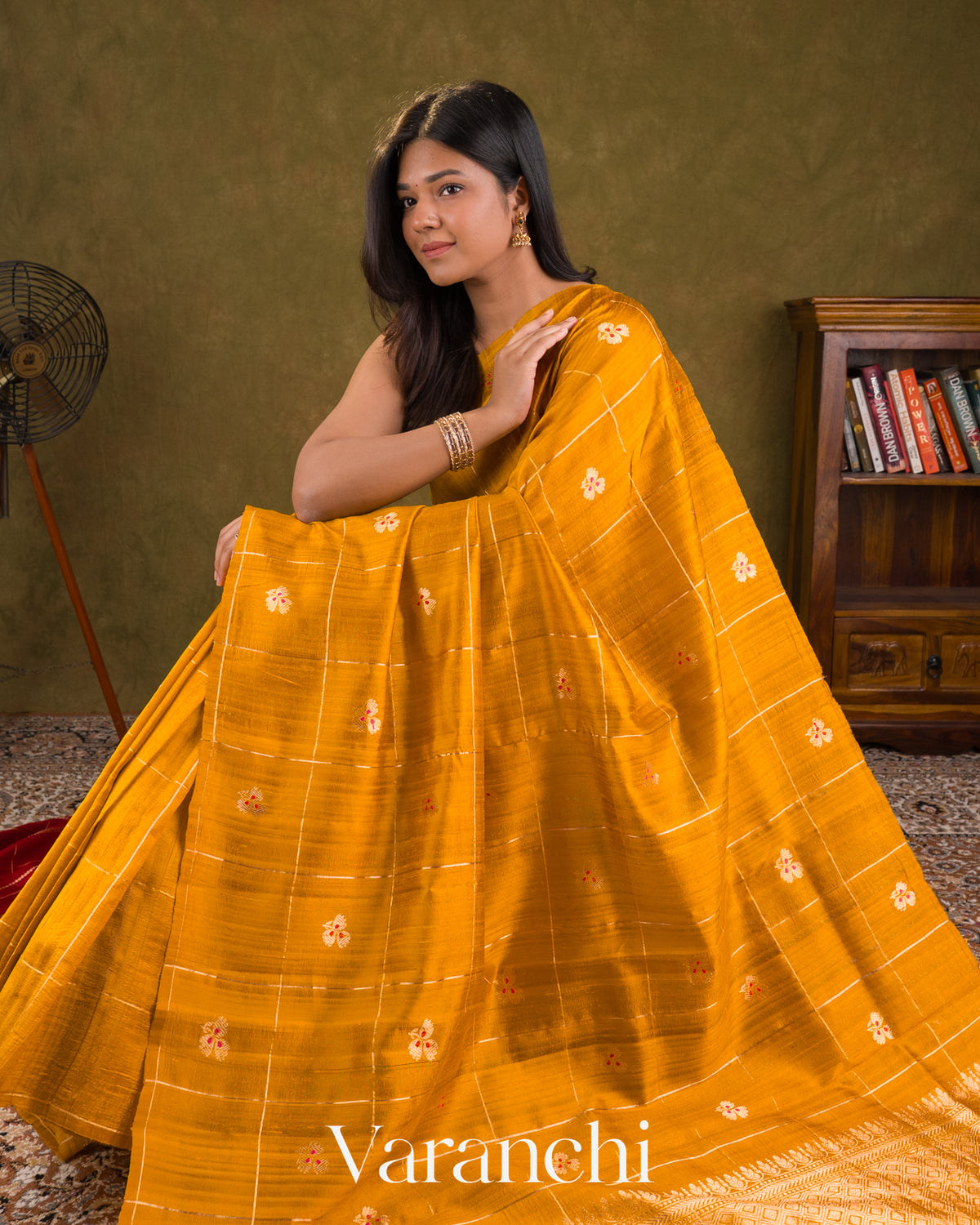 Turmeric Yellow Checks Pure Raw Silk Handloom Saree — Draped