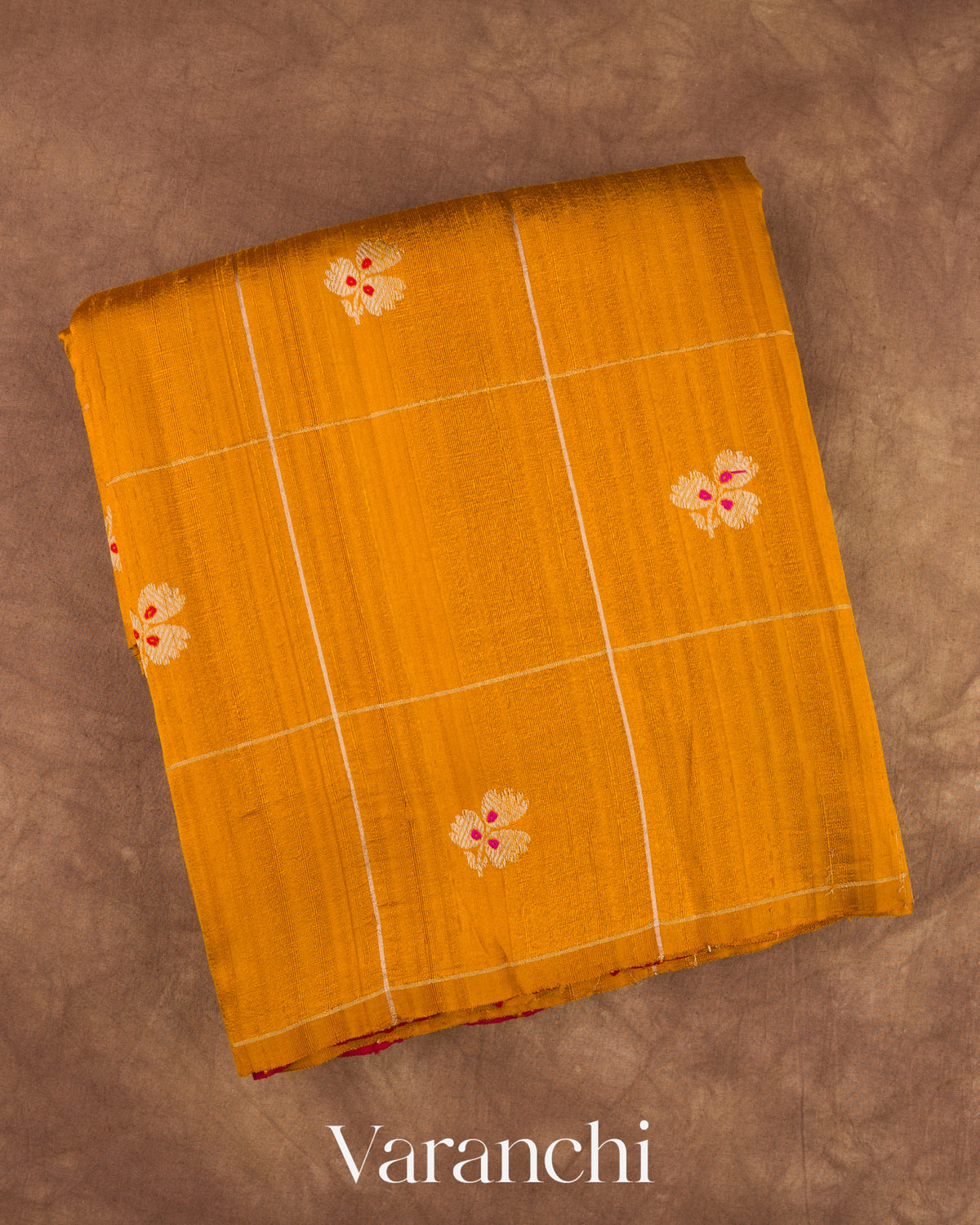 Turmeric Yellow Checks Pure Raw Silk Handloom Saree — Folded