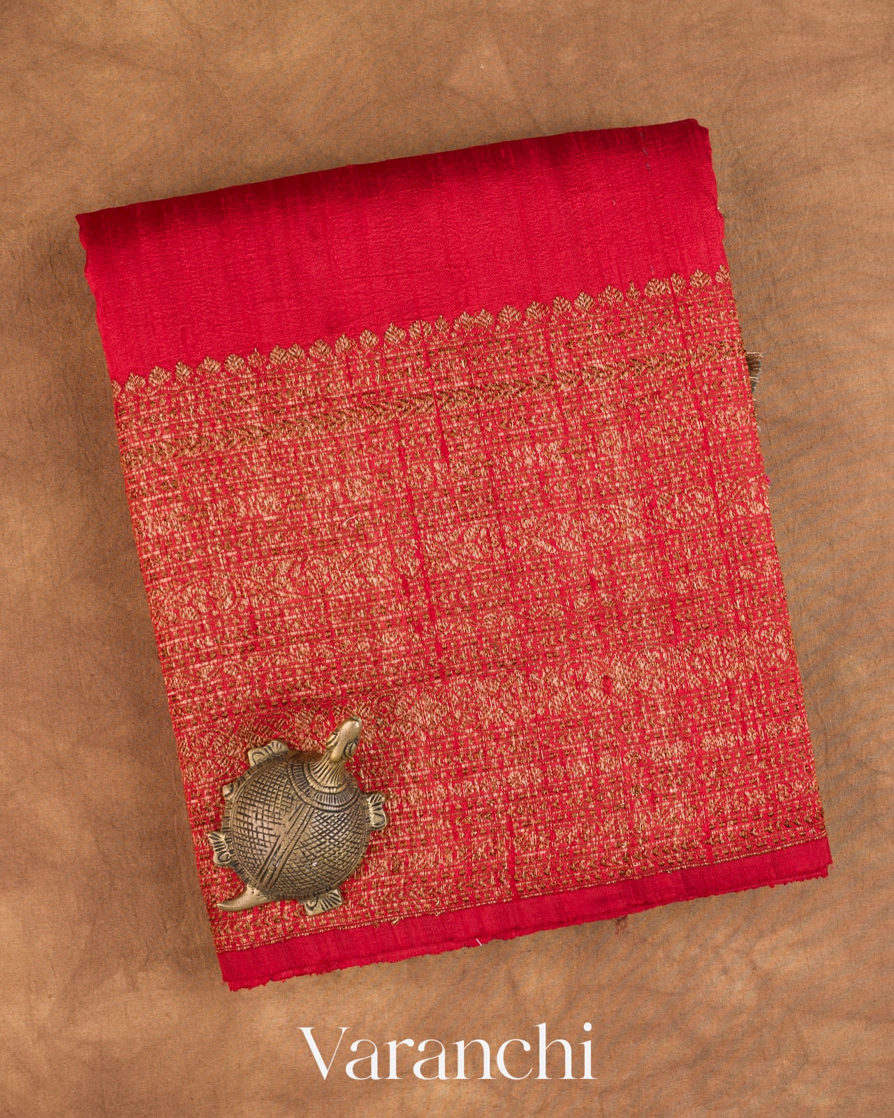Red Pure Raw Silk Handloom Saree — Folded