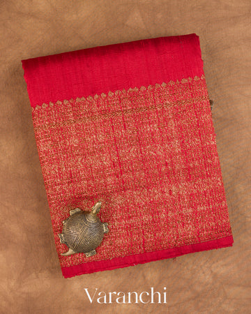 Red Pure Raw Silk Handloom Saree — Folded