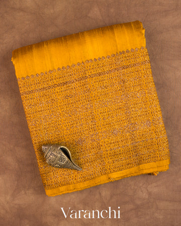 Mustard Yellow Pure Raw Silk Handloom Saree — Folded