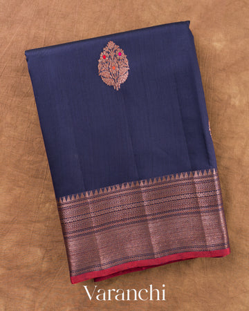 Navy Blue Pure Chanderi Silk Cotton Handloom Saree — Folded