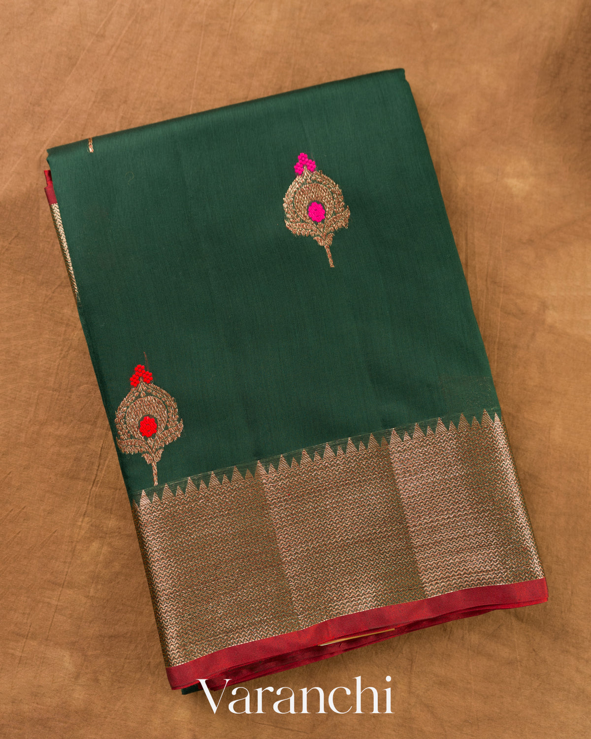 Bottle Green Pure Chanderi Silk Cotton Handloom Saree — Folded