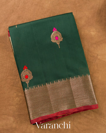 Bottle Green Pure Chanderi Silk Cotton Handloom Saree — Folded