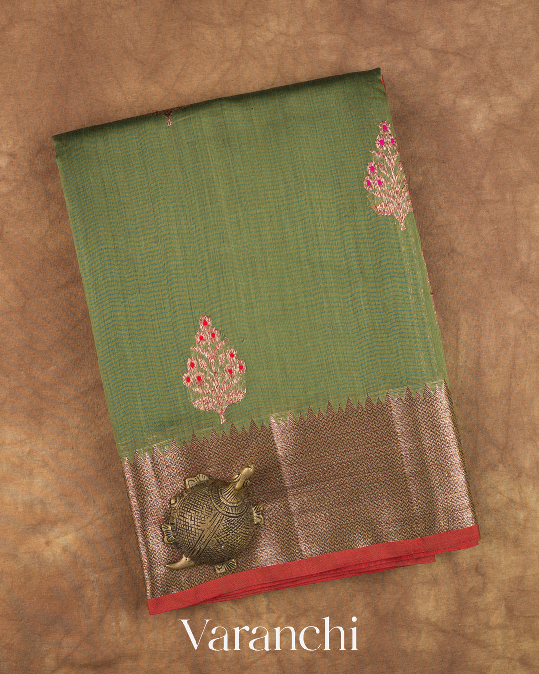 Forest Green Pure Chanderi Silk Cotton Handloom Saree — Folded