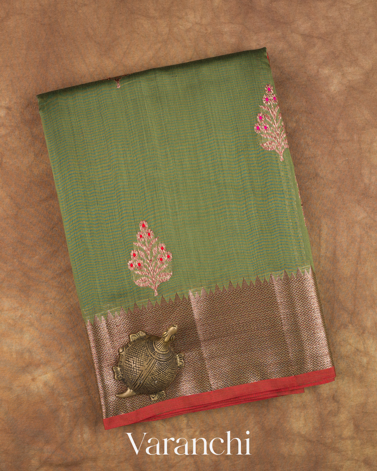 Forest Green Pure Chanderi Silk Cotton Handloom Saree — Folded