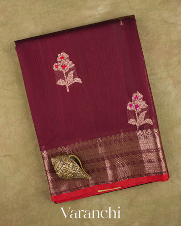 Wine Pure Chanderi Silk Cotton Handloom Saree — Folded