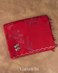 Dark Red Floral Applique Pure Kora Silk Saree — Folded