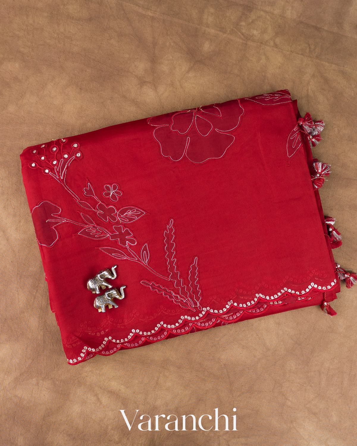 Dark Red Floral Applique Pure Kora Silk Saree — Folded