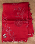Dark Red Floral Applique Pure Kora Silk Saree — Full Saree