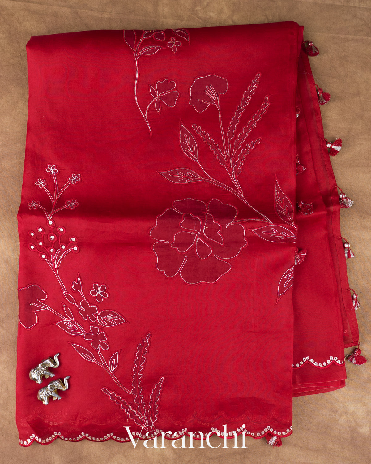 Dark Red Floral Applique Pure Kora Silk Saree — Full Saree
