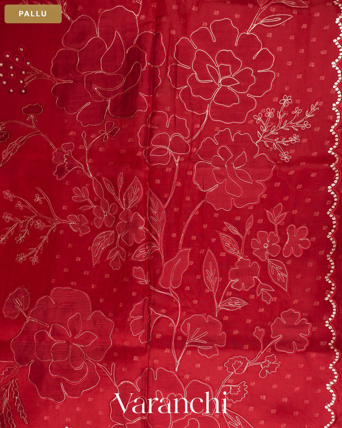 Dark Red Floral Applique Pure Kora Silk Saree — Pallu