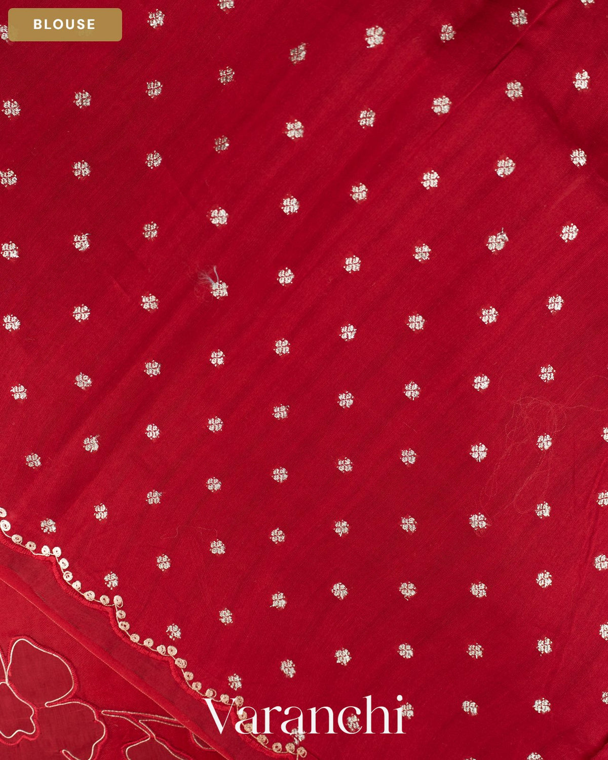 Dark Red Floral Applique Pure Kora Silk Saree — Blouse