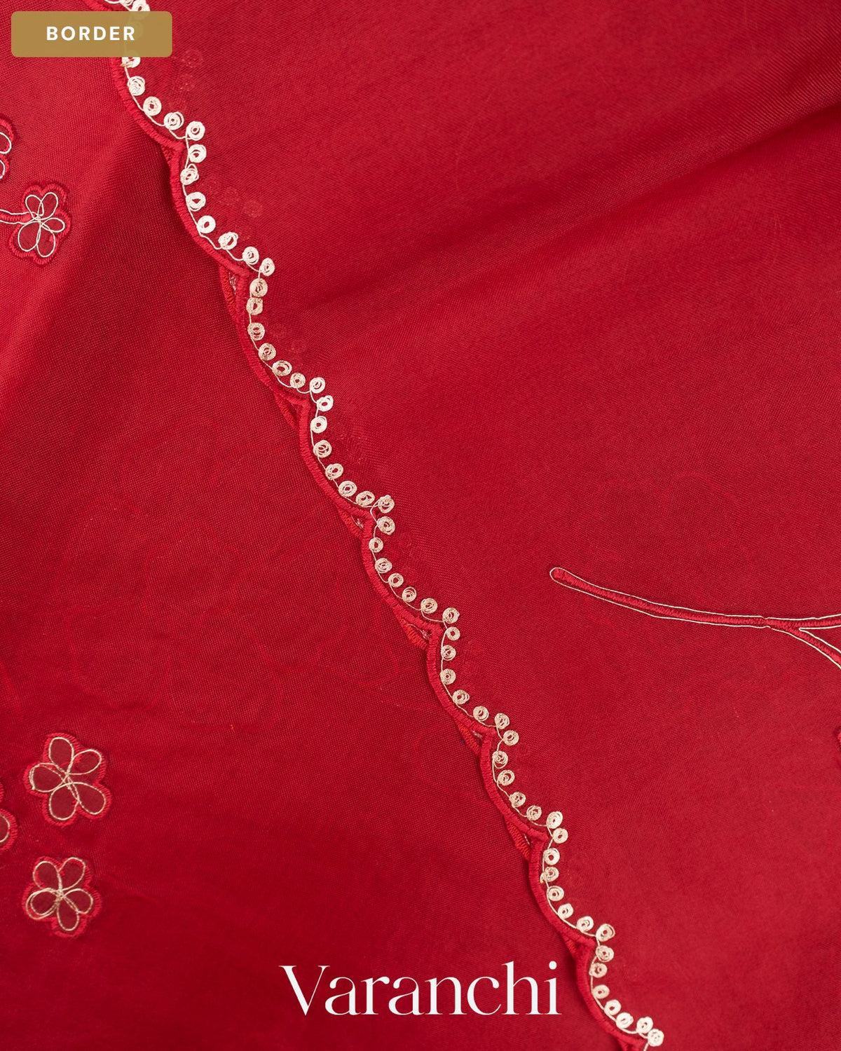 Dark Red Floral Applique Pure Kora Silk Saree — Border