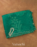 Teal Blue Floral Applique Pure Kora Silk Saree — Folded
