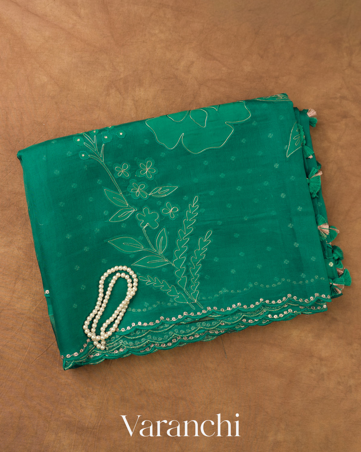 Teal Blue Floral Applique Pure Kora Silk Saree — Folded