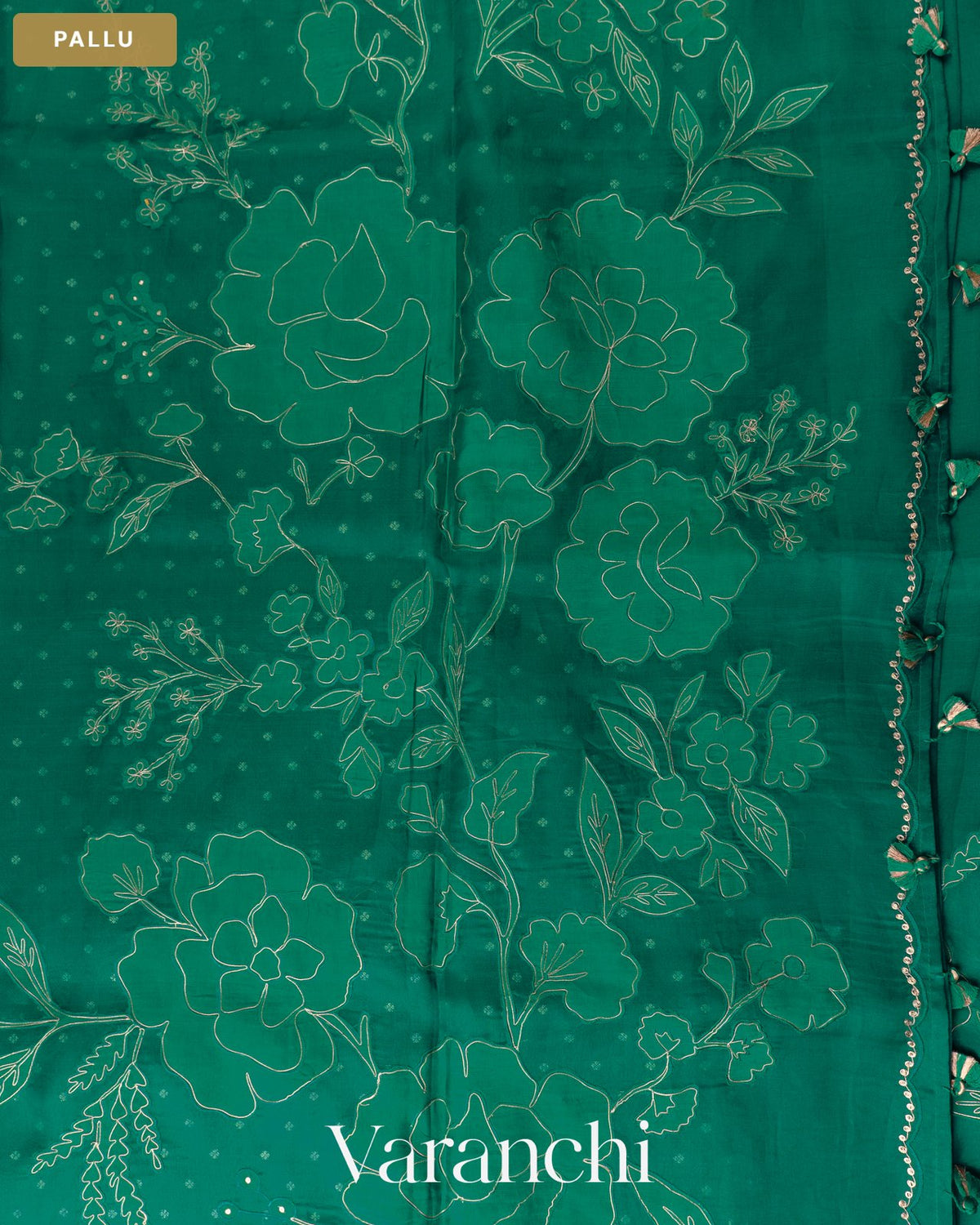 Teal Blue Floral Applique Pure Kora Silk Saree — Pallu